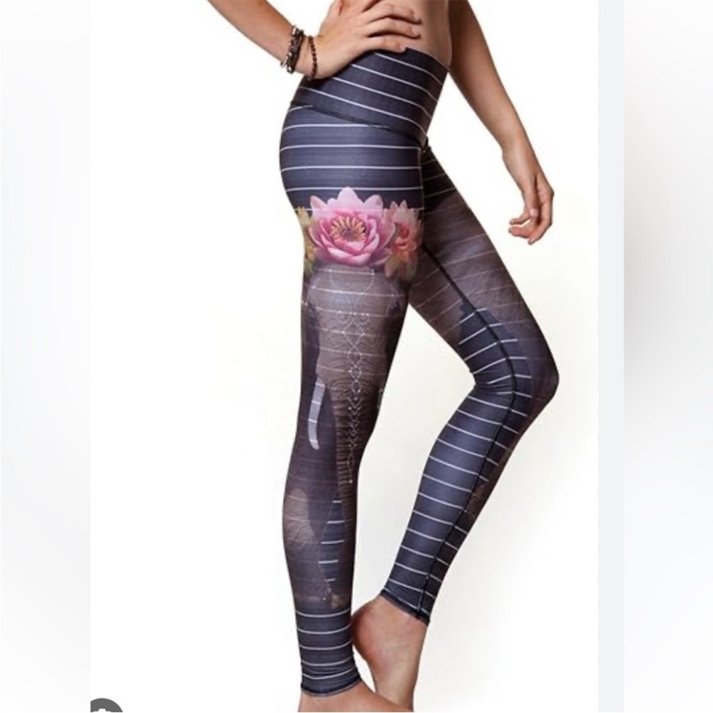 Teeki Gray Striped Leggings with elephant Floral Accent